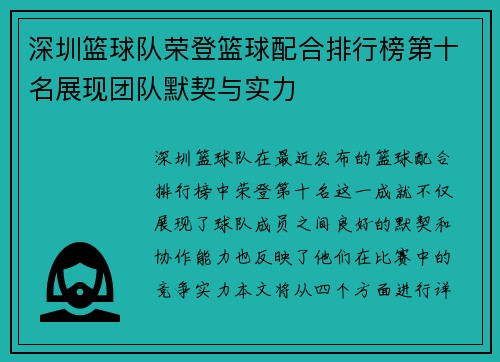 深圳篮球队荣登篮球配合排行榜第十名展现团队默契与实力
